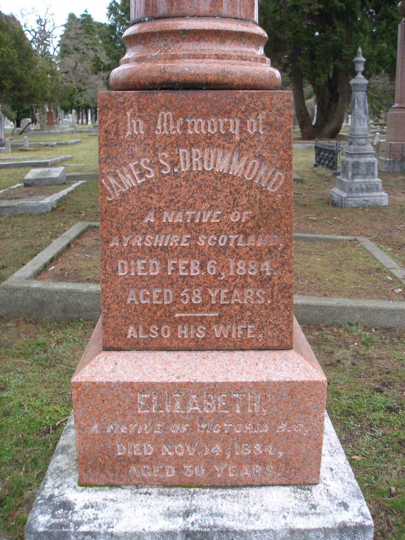 Inscription on James Smith Drummond grave, Ross Bay Cemetery, Victoria, B.C.