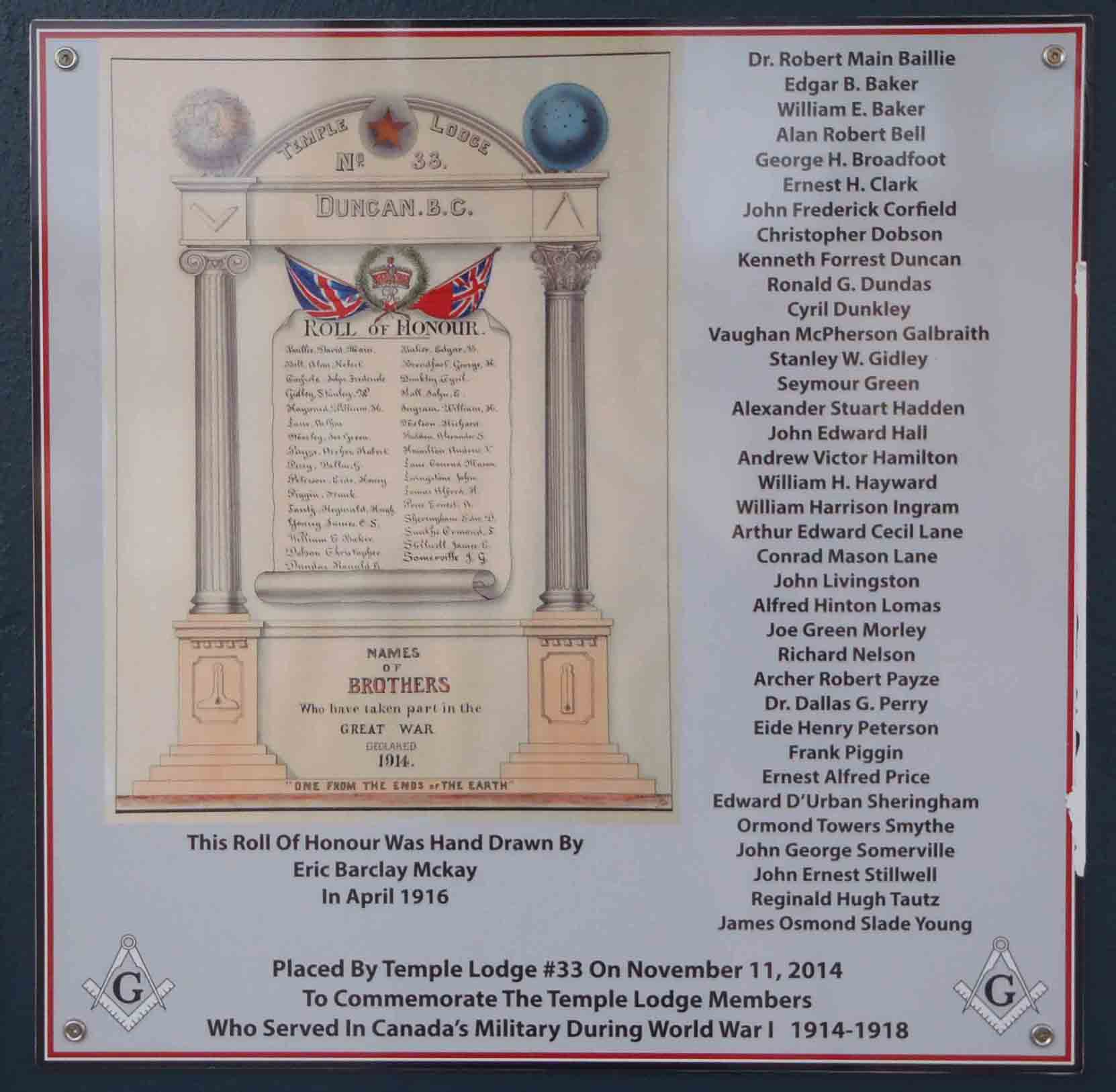Plaque at the entrance of Duncan Masonic Temple commemorating the Temple Lodge First World War Veterans