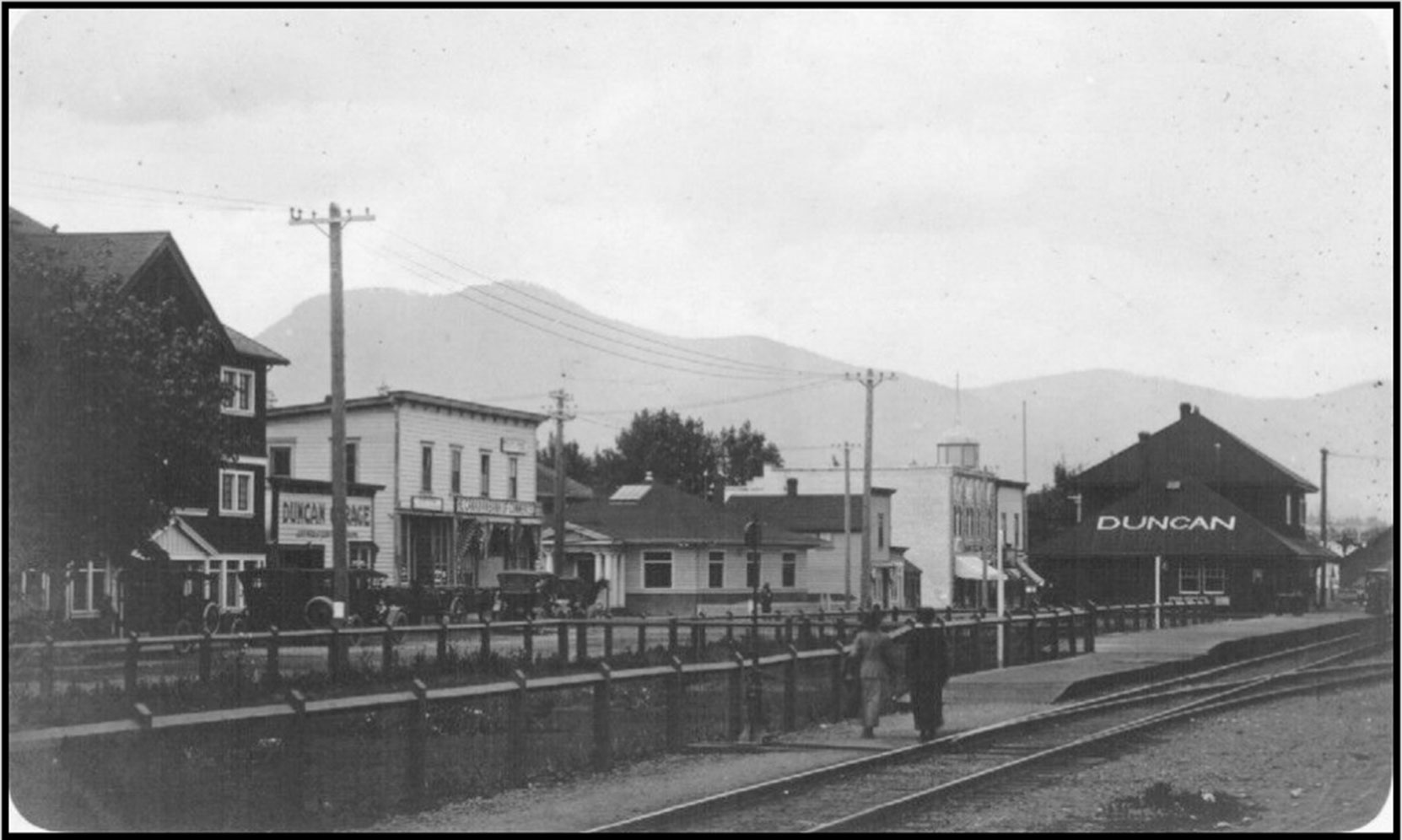Front Street (now Canada Avenue) in downtown Duncan looking northwest, circa 1912-1913. The Duncan Masonic Temple is in the center right.