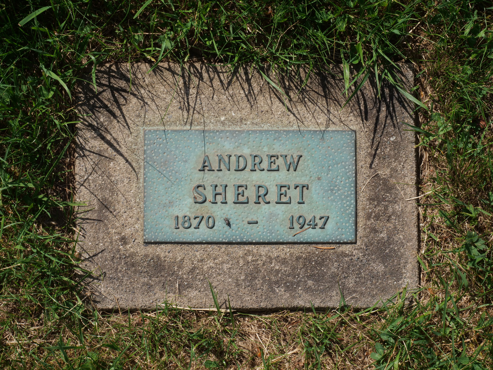 Andrew Sheret grave marker, Royal Oak Burial Park, Saanich, B.C. [photo: Mark Anderson]